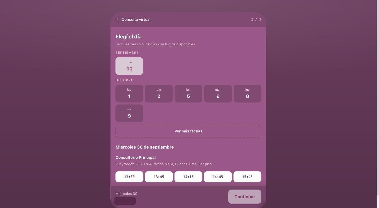Calendario con los días y horarios realmente disponibles del consultorio