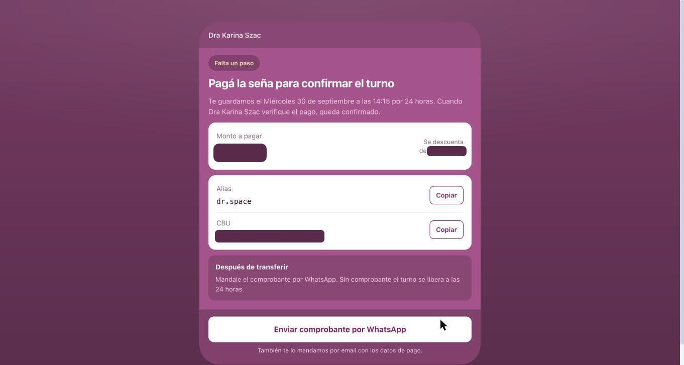 Pantalla final con el alias para transferir la seña y el link para mandar el comprobante por WhatsApp