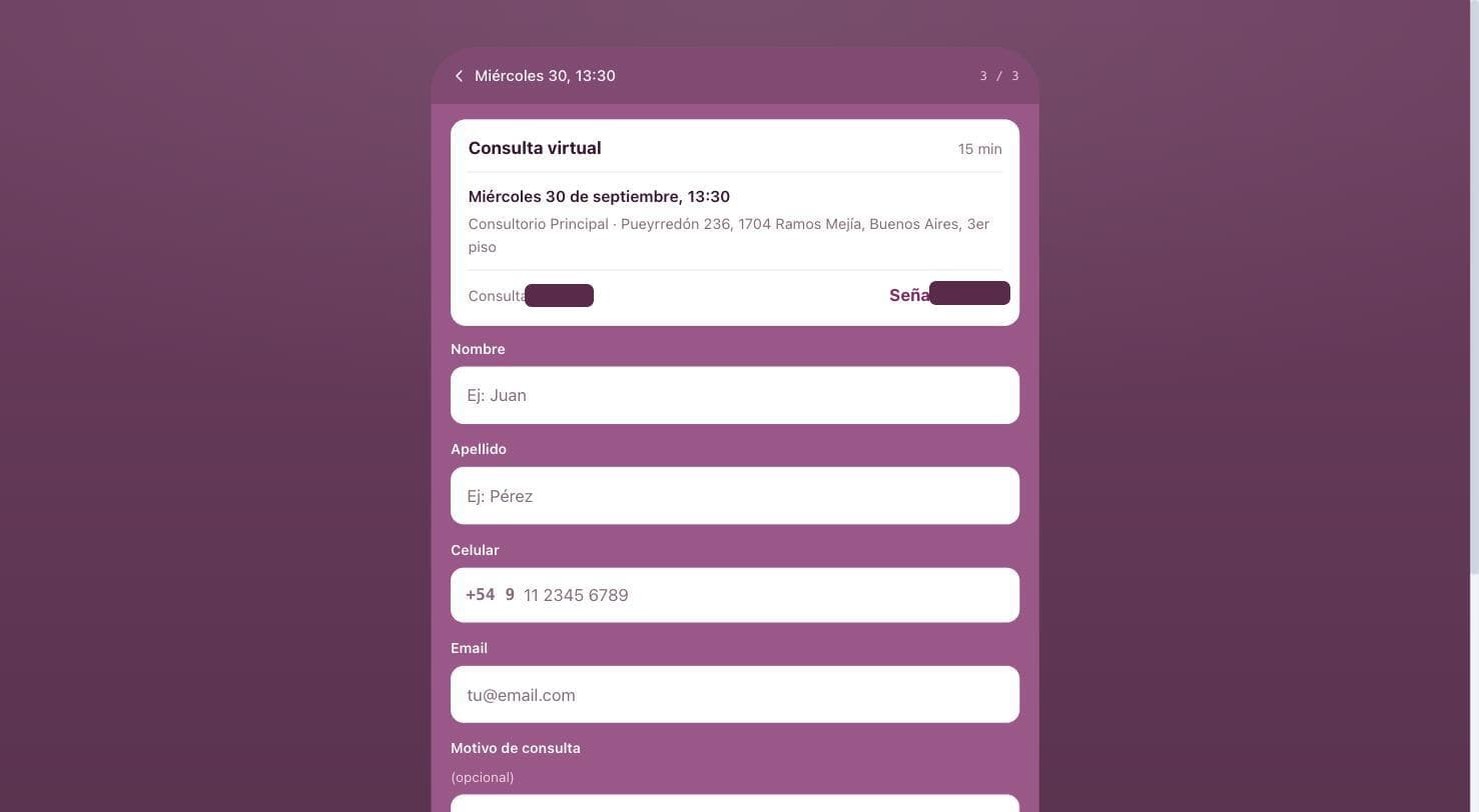 Formulario final con nombre, apellido, celular y email para confirmar el turno