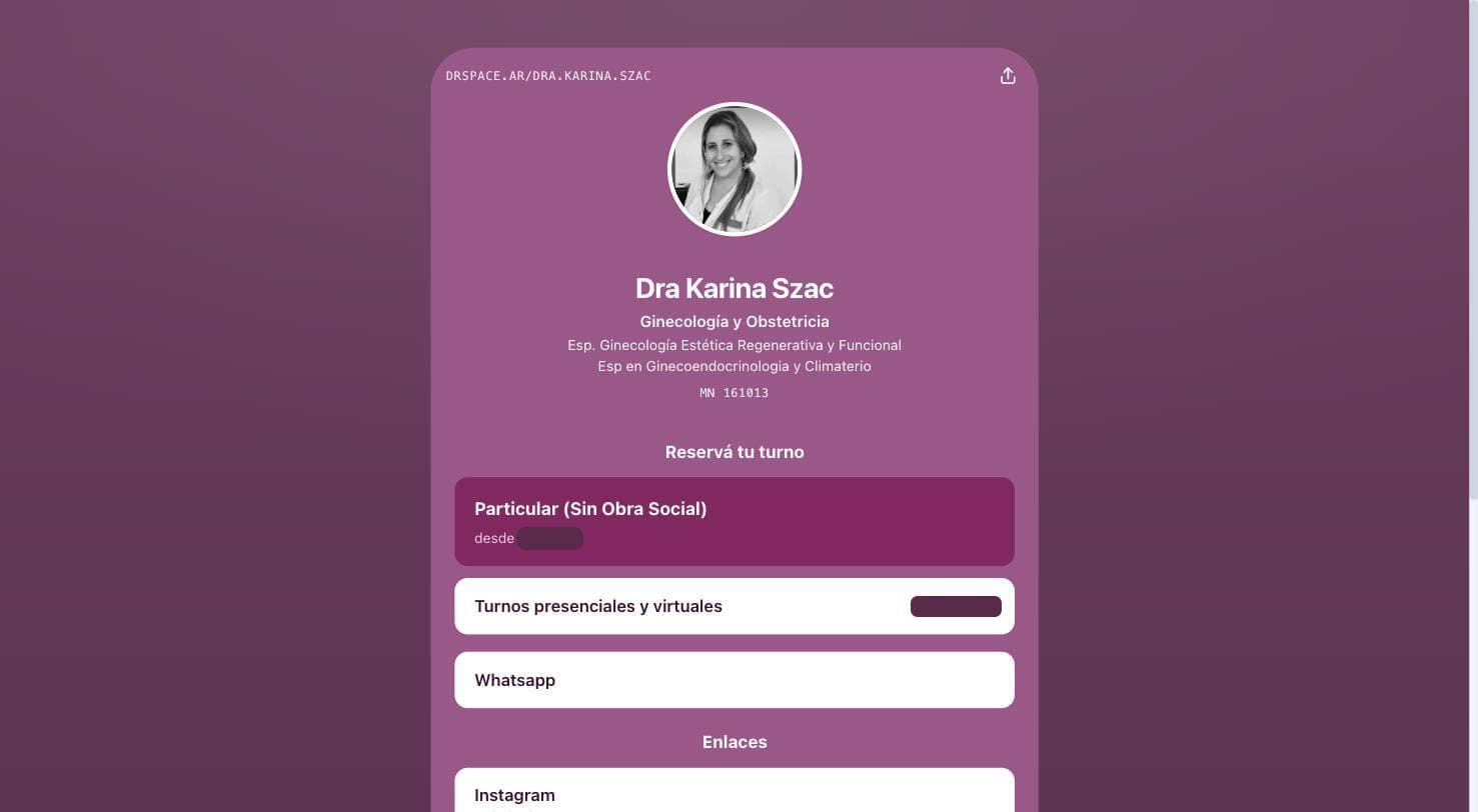 Página pública de una médica en Dr Space, con sus especialidades y el botón para reservar turno